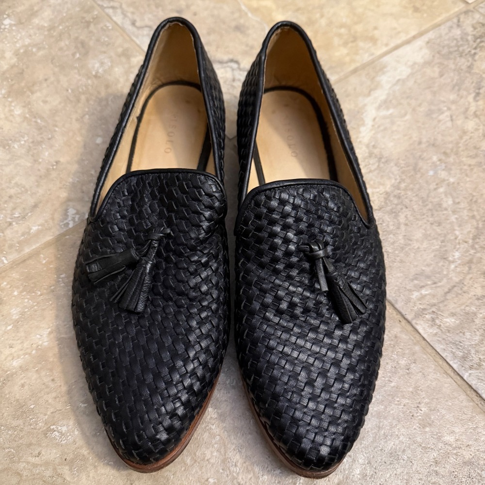 Nisolo Woven Leather Loafers Women 10 Black Tassel Huarache Flat Shoes